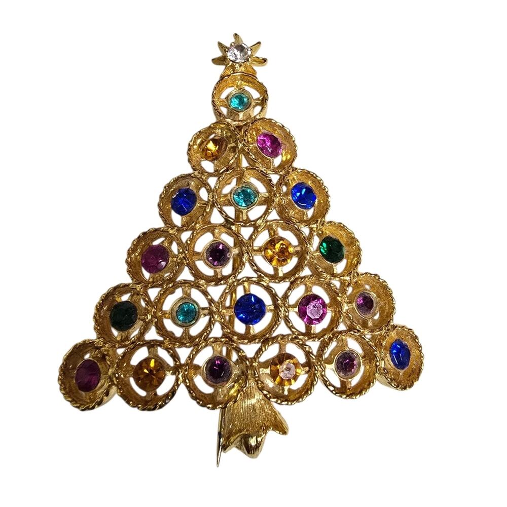 Vintage Gold Tone Christmas Tree Brooch Pin Multicolor Rhinestone Holiday Retro